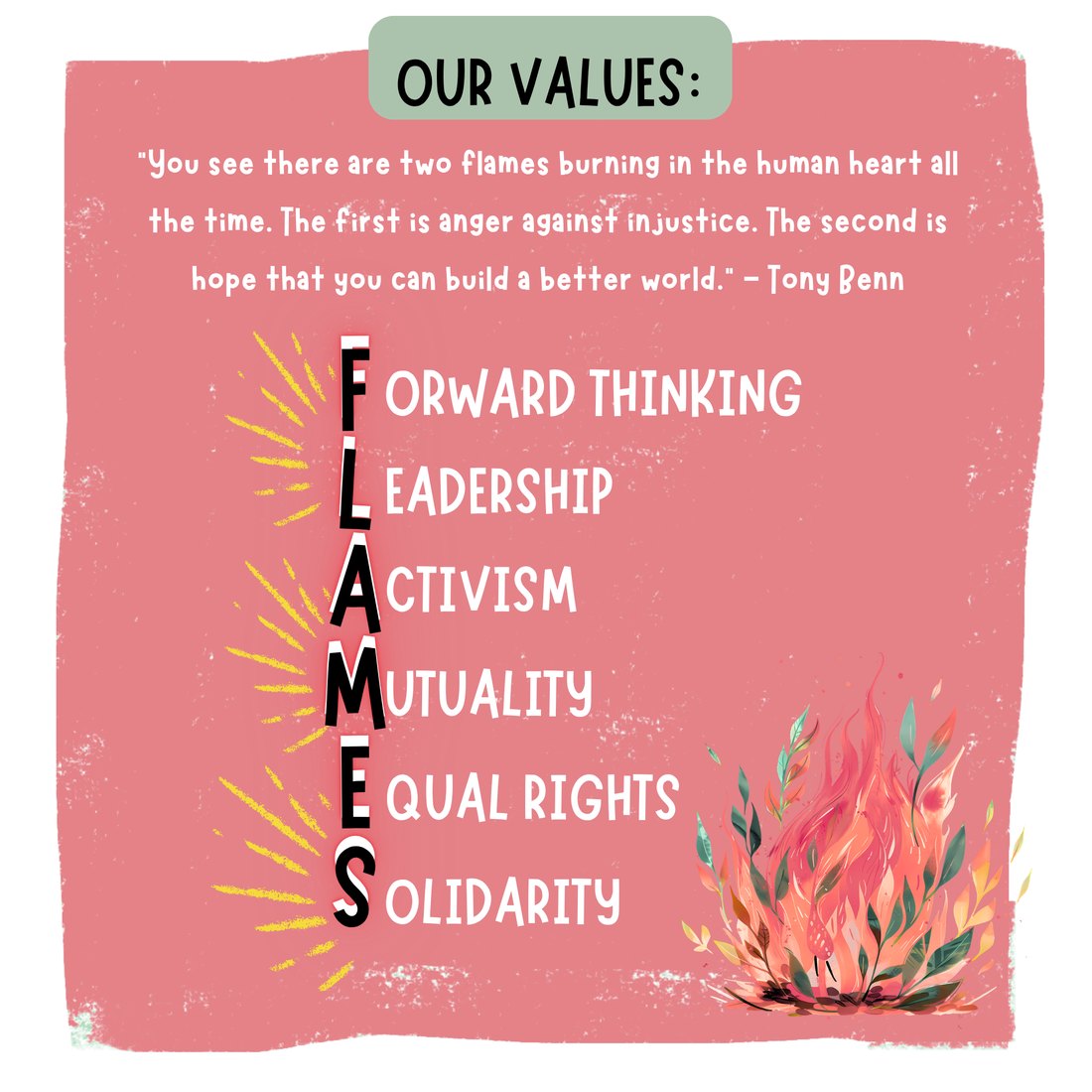 Our values — FLAMES: Forward Thinking, Leadership, Activism, Mutuality, Equal Rights, Solidarity. With Tony Benn's quote about the two flames in the human heart: anger against injustice, and hope that you can build a better world.